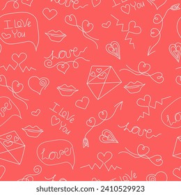 Pattern Set of hearts, decorative elements, icons and inscriptions. Valentine's Day. Lettering is manual. Phrase I love you. Vector illustration, seamless holiday background.