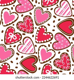 A pattern of a set of hearts of the same color in the form of cookies with icing. Ginger cookies in the shape of hearts with a different kind of glaze. Background for printing holiday packaging