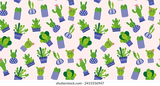 Pattern. Set of houseplants. Cartoon cactus and succulent.  Flowers in pots. House plant, potted plant. Ceramic pot. Vector illustration on isolated background.