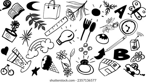 pattern with a set of icons, Set of drawing doodle element related to vintage lifestyle. Set of hand drawn object symbols and icons black line drawing on white background design for cafe wall or shop