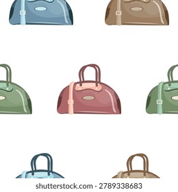 pattern with a set of icons of oval travel bags for travel in various colors, for branding, background design, packaging or social media