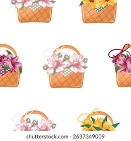 pattern with a set of icons of woven straw baskets with flowers, namely tulips, magnolias and lilies, for various holiday designs