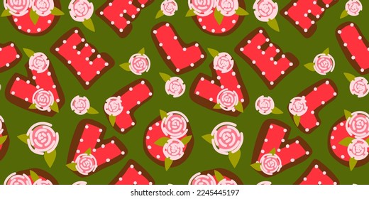 A pattern of a set of letters love in the form of cookies with icing. Ginger cookies in the shape of letters with a different contour of glaze. Background for printing a postcard with cookies