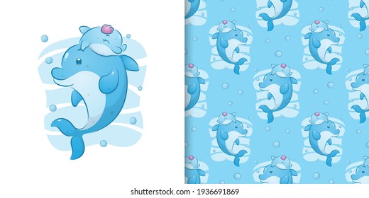 The pattern set of little dolphin swimming with her mother under the beautiful sea of illustration