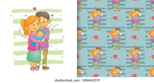 The pattern set of the lovely couple of the goddess holding the baby of illustration