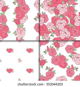 Pattern Set made of Garden Roses. Floral Seamless Pink Flowers Ornament Vector Background. Good For Web, Wrapping, Textile. Digital Paper.