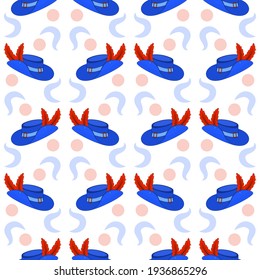 pattern from the set for the Musketeer sword in line on a white background hat with a red feather isolated on a white background 