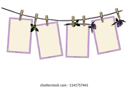pattern set of open hanging on clothespins on rope decorated with flowers and clover leaves beautiful composition, sketch vector graphics color illustration on white background