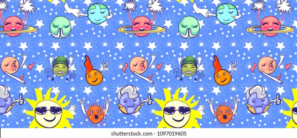 pattern with set of planets with faces on stars.