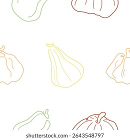 pattern with a set of pumpkins of various shapes in line art style drawn with several multi-colored lines, for logos or patterns