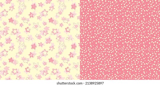 Pattern set Repeating Scribble Stars and Irregular Polka Dots Patterns on Yellow and Coral Backgrounds