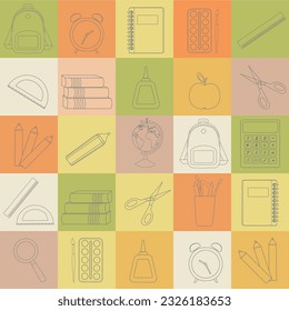 Pattern set of school supplies back to school cover in squares of different colors vector illustration