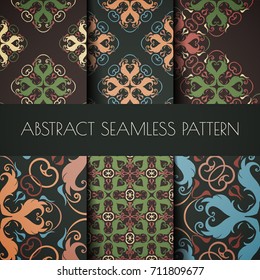 Pattern set  with seamless lacy ornament. Dark background
