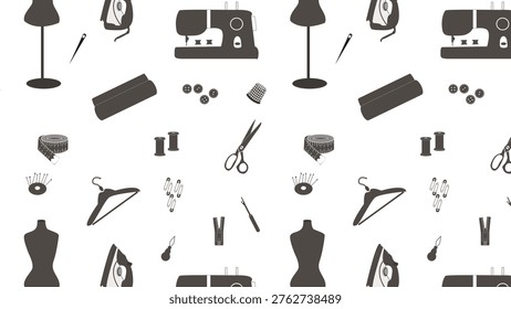 A pattern set of sewing and dressmaking tools, including a sewing machine, mannequin, scissors, thread, measuring tape, iron, and accessories, designed as a fashion and craft kit.