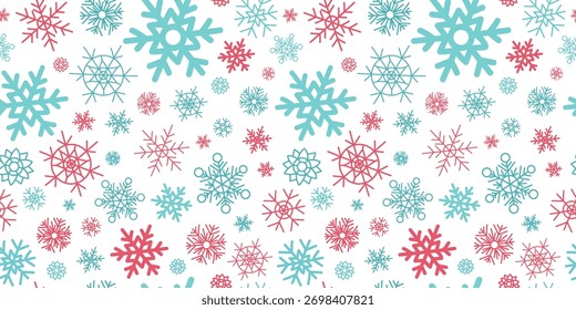 Padrão. Conjunto de flocos de neve. Desenho, rabiscos. Decoração de Natal de Ano Novo, fundo sem costura. Ilustração vetorial de inverno.