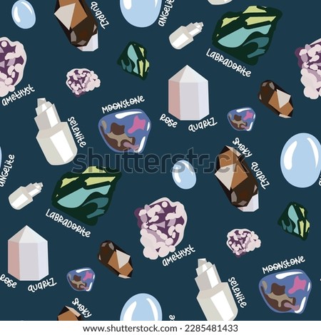 A pattern from a set of stones for sleeping smoky and rose quartzite, selenite, labradorite, angelite, amethyst, moonstone with signatures. Fortune telling, Halloween. Printing , gift wrapping, Zodiac