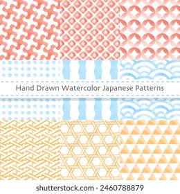 Conjunto de patrones tradicionales japoneses, acuarela dibujada a mano, patrón japonés