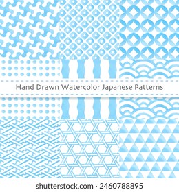 Pattern set of traditional Japanese patterns, hand-drawn watercolor, Japanese pattern, summery color scheme