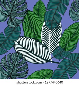 Pattern set with tropical leaves. Jungle background. Vector illustration