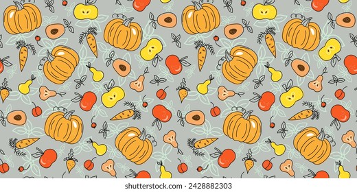 Pattern set of vegetables and fruits. Food, Vegetarianism. Diet food concept. Vector seamless pattern.