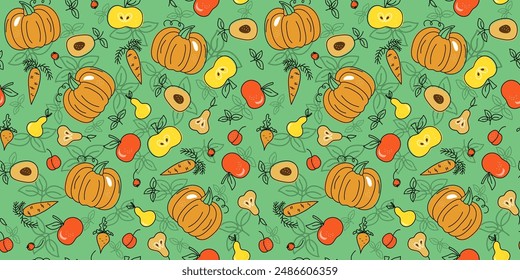 Pattern set of vegetables and fruits. Harvest Festival. Food, Vegetarianism. Diet food concept. Vector seamless pattern.