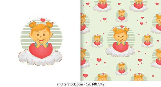 The pattern set of water colour little girl with the bunny hair sitting on the cloud of illustration