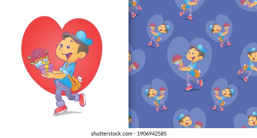 Pattern set watercolor of the postman sending the bucket of flowers and gift of illustration