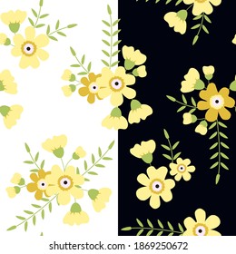 Pattern set with yellow flowers, Light and dark background pattern set, Pattern set, Spring flower pattern, black and white background with flowers