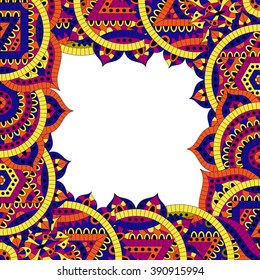 Pattern with seven chakras and text place. Oriental ornaments for banners, cards and or for your design. Buddhism decorative elements. Yellow, orange and blue colors. Vector illustration.