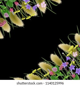 Pattern with seven herbs of autumn equinox in black background. Japanese backdrop, composition for Shubun no hi greeting, birthday cards, wedding inviration, covers and posters with text place.