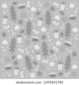 Pattern with several Christmas ornaments in a gray color scheme