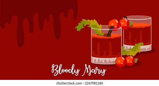 A pattern of several glasses of bloody Mary for Valentine's Day. Glass glasses with tomatoes on a skewer and celery. An illustration for a party on an abstract background. Vector illustration. banner