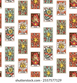 A pattern of several Tarot cards. A vector deck drawn by hand. Vintage style with engraving. Occult and alchemical symbolism. an isolated illustration of the light oracle. mysticism, magic, psychology