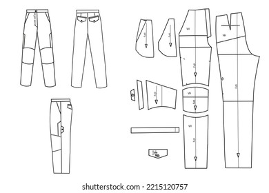 Pattern For Sewing. Flat Sketch Of Trousers With Knee Pads And Pockets In The Side Seams. Pattern Front View And Back View.