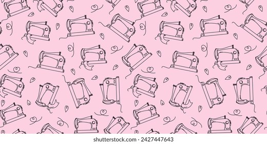 Pattern. Sewing icon. Sewing machine. Handmade, hobby. Drawing, sketch, doodle. Seamless background.
