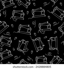Pattern. Sewing icon. Sewing machine. Handmade, hobby. Drawing, sketch, doodle. Seamless background.