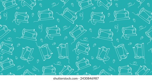 Pattern. Sewing icon. Sewing machine. Handmade, hobby. Drawing, sketch, doodle. Seamless background.