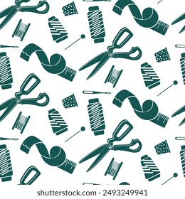 Pattern of sewing products. Seamless texture on the sewing theme. Blue flat scattered objects are threads, needles, clips, scissors, measuring tape, a skein of thread, a thimble. Elements on a white