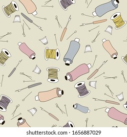 Pattern sewing supplies, retro style. Vector graphics of coils, pins, thimble. Background in pastel shades for fabric, textiles, paper, Wallpaper.