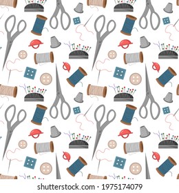 Pattern with sewing tools. Scissors and thimble, pin cushion, spool of thread, buttons, needle. Vector illustration isolated on white background. For wrapping paper, printing on fabrics, clothing