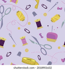 Pattern with sewing tools. Scissors and thimble, pin cushion, spool of thread, buttons, needle. Vector illustration isolated on white background. For wrapping paper, printing on fabrics, clothing. 