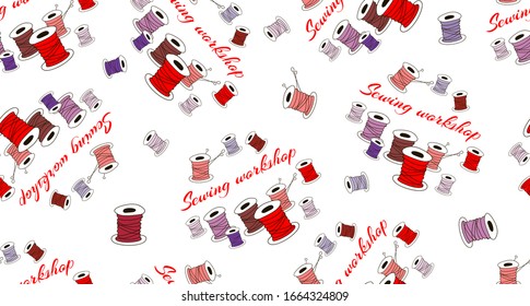 Pattern for a sewing workshop made of bright red and purple spools of sewing thread. Vector seamless background for advertising, banner, poster. Clothing industry