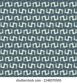 Pattern in shades of blue, with meandering signs and other small elements. Textile design.