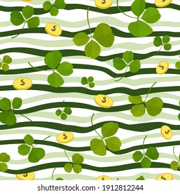 Pattern with shamrock clover leaves and gold coins on horizontal wavy seamless stripes