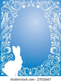 Pattern in a shape of an egg on the blue background with sparkles silhouettes of a rabbit.
