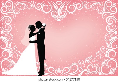 Pattern in a shape of a heart on a pink background with sparkles and silhouettes of groom and bride.