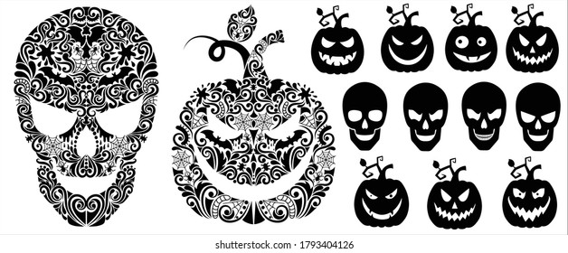 Pattern in a shape of a pumpkin and a scull. Set of sillhouettes of a a pumpkin and a scull.