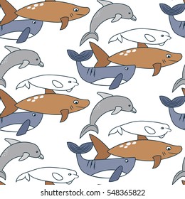 Pattern of shark, dolphin, whale. Cute vector illustration. Pattern for children production