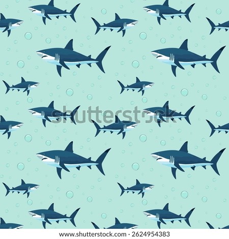 Pattern with sharks and bubbles.Vector seamless pattern with sharks on a blue background with bubbles.