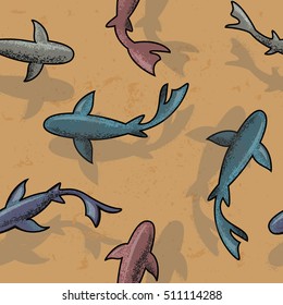 pattern with sharks. pack of sharks swimming at the bottom. predatory fish